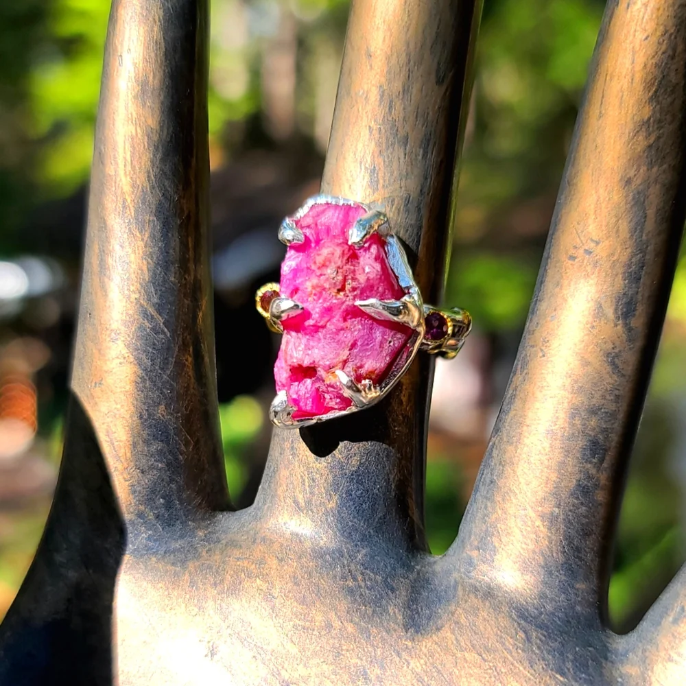 18k RAW Ruby & Rhodolite sterling & gold lattice ring sz8 - Picture 1 of 6